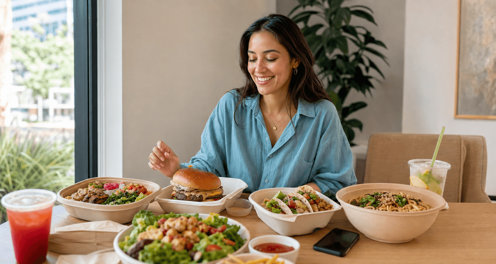 A happy customer enjoying a table of delivered meals